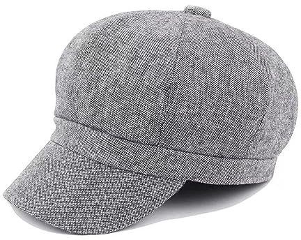 Ballonmütze Damen 8 Panels Schirmmütze Vintage Style Newsboy Cap aus Leinen und Baumwolle Bakerboy Schiebermütze Cabbie Maler Mütze (ca.58cm) (Grau)
