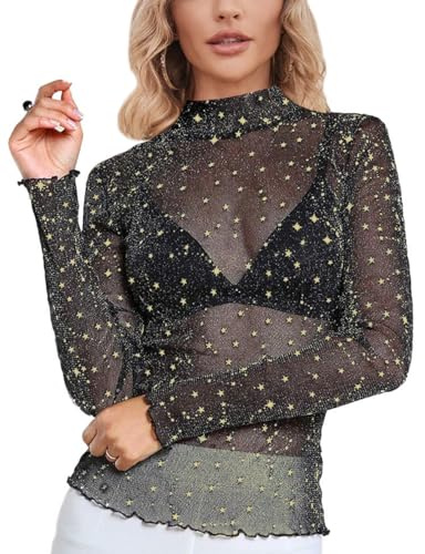 MAYFASEY Damen Sheer Mesh Tops Stretchy Langarm Transparentes Shirt Bluse Clubwear
