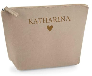 AWASG Kosmetiktasche Filz Herz - Personalisiert mit Namen - Schminktasche Beauty Bag - Geschenk Mama Beste Freundin - S (16 x 12,5 x 6 cm) (Sand)