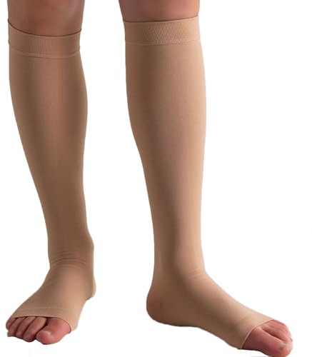 Mdrcg Kompressionssocken Mit Offenem Zehenbereich,Wadenkniehohe Kompressionsstrümpfe Mit Offenen Zehen,Stützstrümpfe Ohne Zehen, Thrombosestrümpfe Damen Herren 20-30Mmhg,Skin Color,L