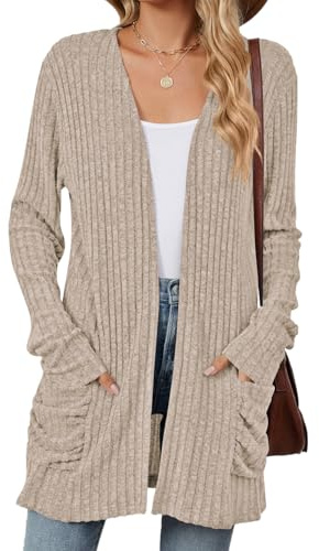 Famulily Women's Long Sleeve V-Neck Ribbed Cardigans with Pockets
