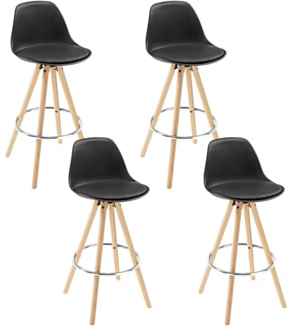 WOLTU Barhocker 4er Set Barstuhl aus Kunstleder Holzgestell mit Lehne + Fußstütze Design Stuhl Küchenstuhl optimal Komfort Schwarz, BH45sz