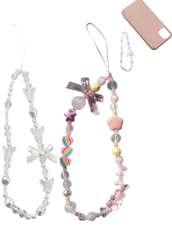 JEXOWIQ 2 pcs Handy Lanyard,Handykette,Universal Handyanhänger Kurz Handy Schlüsselband Schmetterling Liebe Handyband,Handy Anhänger, Telefon Lanyard Handschlaufe Handgelenkschlaufe Kette