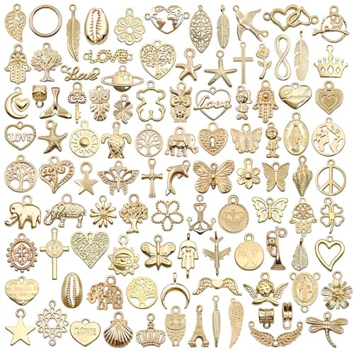 WeddHuis 100 Stück Charms Anhänger zum Schmuck Basteln, Gemischte Anhänger Vintage Aesthetic für Kette Armbänd Ohrringe Halskette (gold)