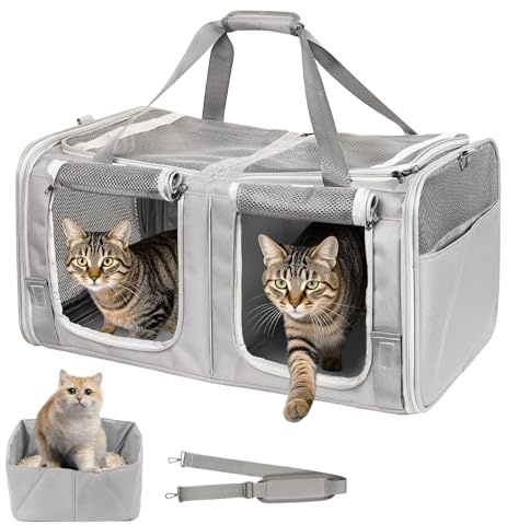 Katzentrage für 2 Katzen mit Katzentoilette, LitaiL Top, erweiterbare Katzentragetasche für Autoreisen, mit atmungsaktivem Netz, bis zu 11,3 kg - für Auto, Tierarztbesuch & Camping