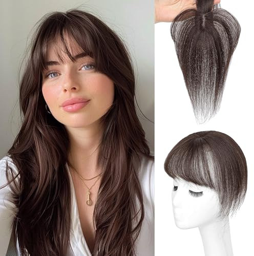 BUPPLER Haar Topper für Frauen Echthaar-360°3D Topper mit Pony für Dünner Werdendes Haar Clip in Pony mit Verbesserter Seidenbasis,Perfekt für Den Täglichen Gebrauch,4x6 Dunkelbraun