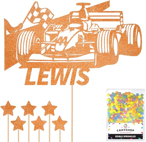 Personalised F1 Motor Racing Car Glitter Cake Topper - Copper Orange Custom Age & Name Glitter Cake Decoration and Sprinkles - Happy Birthday Decorations - Personalised Toppers for Cakes by Cakeshop