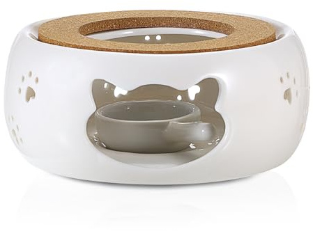BSTKEY Ceramic Teapot Warmer with Tealight Holder and Cork Cushion, White Decorative Tea Coffee Milk Heating Warmer Teapot Heater Tealight Burner for Teapot (Cat Pattern)