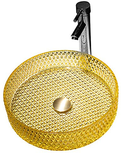 Yellow Round Vessel Sink - 395x395mm Flash Glass Bathroom Basin for Countertop, Stylish Cloakroom Wash Basin, Modern Design, Durable and Easy to Clean