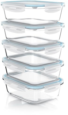 Arendo - Glas Lunchboxen Frischhaltedosen für Lebensmittel mit Deckel luftdicht - 5er Set - 1050 ml - für Mikrowelle Ofen Gefrierschrank - Spülmaschinen geeignet - Vorratsdosen Meal Prep Boxen Set
