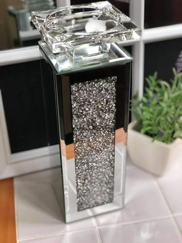 Silver Crystal Mirrored Candle Holder Tall 30cm Taper/Pillar, Tealight Holder Elegant Mirrored Glass Home Décor Wedding Centerpiece Sparkling Diamante Crystal Ornament