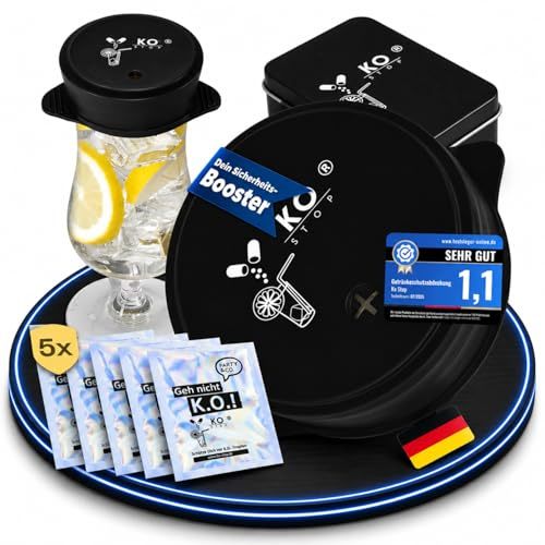 Ko Stop 5er Set Silikon Mehrweg inkl. Metalldose Getränkeschutz schützt vor Ko Tropfen, Insekten und Schmutz ideal für Festivals und Partys (Schwarz, 7-9cm)