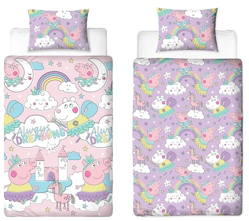 Peppa Pig, set copripiumino per letto singolo, reversibile, double-face, rosa e lilla, con federa coordinata