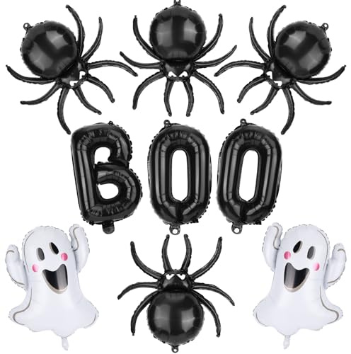 9pcs Halloween Balloons Set, Halloween White Ghost Black Boo Theme Spider Foil Balloons Cute Spooky Ghost Decorations for Party Birthday Baby Shower Supplies