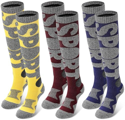 Chicingyou 3 Pairs Unisex Ski Socks Cotton Snowboarding Thermal Socks Winter Sports Warm Accessories for Men and Women (Yellow,Blue,Red)