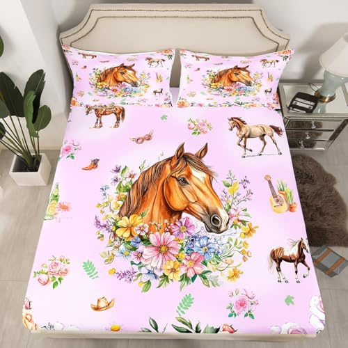 Erosebridal Purple Western Fitted Sheet Twin Size Horse Cowgirl Cowboy Bed Sheets for Kids Children Teens Adult Farm Animal Floral Bedding Set Rustic Farmhouse Sheets Bedroom Decor