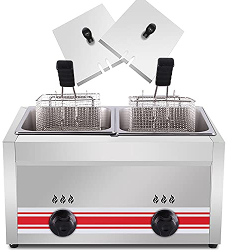 HPTHLY Friteuse À Gaz en Acier Inoxydable 10 L/20 L/30 L, Grande Friteuse À Gaz sur Pied, Puissance De Feu Réglable avec Paniers Et Couvercles Amovibles pour Frites,(Lpg)-20L