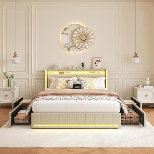 BRYXR Bett 180x200, Polsterbett Doppelbett mit LED-Kopfteil, USB-Ladefunktion und Lattenrost, 4 praktischen Schubladen und stilvollem Design,Ideal für jugendbett und Moderne Räume,Ohne Matratze