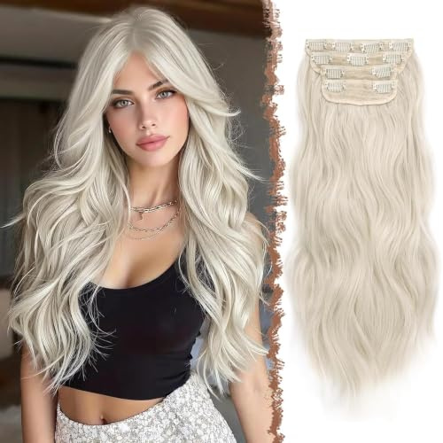 FESHFEN Clip in Extensions, 50cm 4 Stücke Lange Gewellte Hair Extensions Kunsthaar Natürliche 4PCs Synthetik Clip in Haarverlängerung für Frauen, Weißblond
