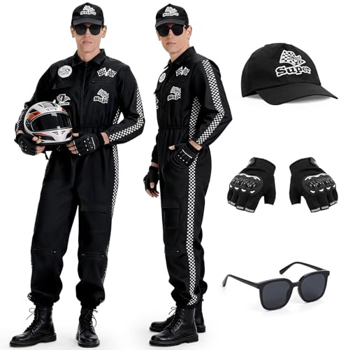 Beeoecm Racerförarkostym herr, racingförare overall vuxna racer overall racerbilsdräkt herrset med hattar, solglasögon och handskar för karneval, halloween (svart, XXL)