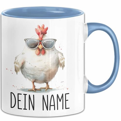 Huhn Tasse mit Namen – Personalisierte Tasse Geburtstag Geschenkidee süßes Huhnmotiv Mit Sonnenbrille Cool Namenstasse (Blau)