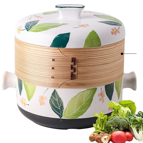 Ceramic Casserole Clay Pot with Steamer Basket, Japanese Style 2.5L Stockpot, Natural Bamboo Steamer for Kitchen Cooking