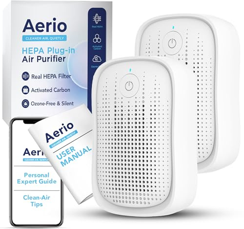 Aerio HEPA Air Purifier For Home | Plug In Air Filter Home & Activated Carbon | Compact Air Purifier For Bedroom, Small Room, Hallway, Bathroom & Pet Area | 2 Modes: Quiet Night & Boost | 2 Pack