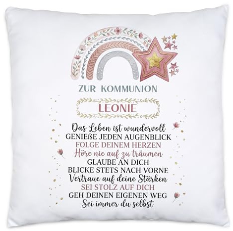 Kissen zur Kommunion personalisiert, Erinnerung für Mädchen Kommunionkind, Geschenk-Kissen mit Namen, spirituelles Geschenk