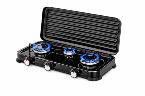 Cocina de gas portátil de 3 fuegos para exterior, hornillo de gas butano y propano con tapa desmontable, llama regulable, 5,4 kW, cocina auxiliar compacta (3 FUEGOS)