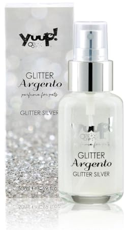 YUUP! - Fragranza scintillante a lunga durata per cani e gatti con glitter argento, 50 ml, profumo per cane e gatto con note di Tiarè, fiori d'arancio, mandarino, gelsomino e Ylang Ylang