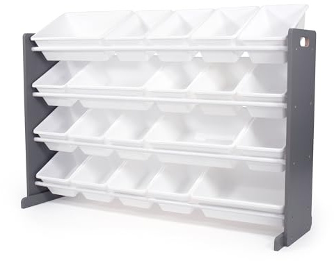 Humble Crew Extra-Large Toy Organizer with 20 Plastic Bins – Grey/White Storage Rack with 4-Tier Shelves, Anti-Tip Safety, for Kids’ Rooms, Playrooms, Nurseries & Classrooms