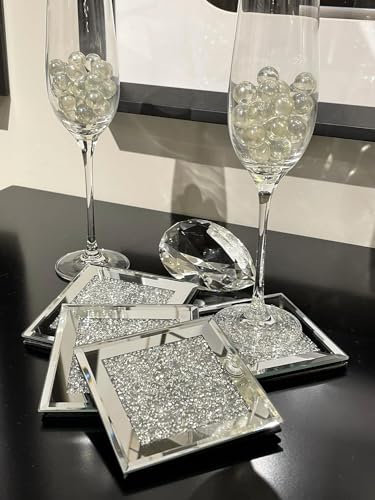 Marco Paul - Juego de 4 posavasos de vidrio con diamantes triturados, posavasos de vino con purpurina, regalos de inauguración de la casa, accesorios decorativos para el hogar, manteles de mesa de