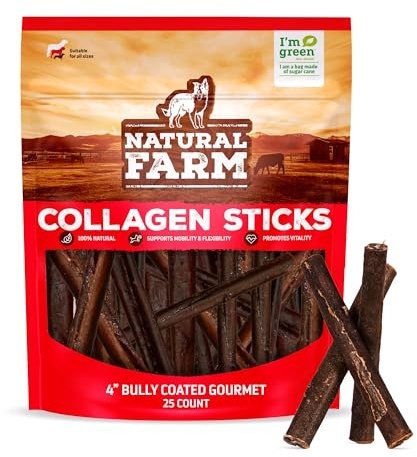 Natural Farm Bully Coated Gourmet Collagen Sticks (4 Inch, 25 Pack) – Real Bully Beef Coated, 95% Natural Collagen Dog Chews, Supports Healthy Joints, Skin & Coat - Best for Small & Medium Dogs