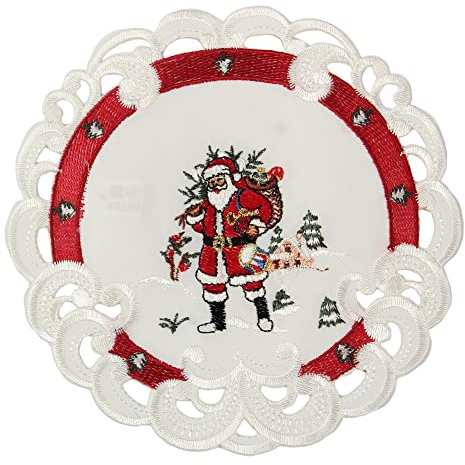HanaQi Weihnachtsmann in Winterlandschaft Stickerei Tischdeckchen 20 cm Rund Polyester, rot-weiß