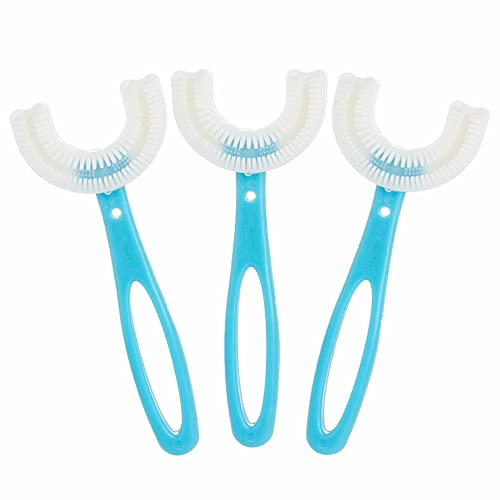 Derhom [3er Pack] U-förmige Ganzmund-Zahnbürste für Kinder[Rundumreinigung][Massagegummis mit Silikonborsten][Geeignet für Kinder] (6-12 Jahre Alt, blau)