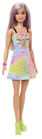Barbie Fashionistas, Puppe mit blonden Haaren und lila Strähnen, Kleid mit Regenbogen-Ausschnitt, rosa Uhr, lindgrüne Schuhe, inkl Puppe, Geschenk für Kinder, Spielzeug ab 3 Jahre,HBV22