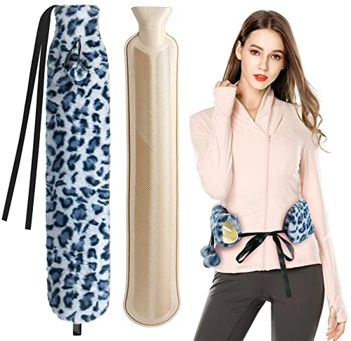 KingGair Long Hot Water Bottle with Cover 2l, Faux Fur Hot Waterbottle 72cm Fluffy Hot Water Bag with Strap for Body, Waist, Neck and Shoulder, Violet Grey Leopard Print, Women Men Kids Gift