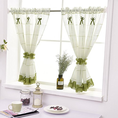 Devola Pastorale Art Scheibengardine Transparent Gingham Bistrogardine mit Raffbänder Design Vorhang Leinen-Garn Kurzgardine Küche Gardine Dekoration Vorhänge HxB 80x140cm Grün 1er Pack