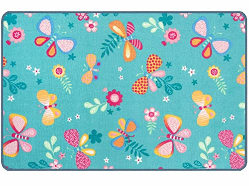 Primaflor Kinderteppich Papillon | 140 x 200 cm | Türkis | Schmetterlingsdesign aus 100 % Polyamid, ca. 6,5 mm hoch, mit Vliesrücken, pflegeleicht und für Fußbodenheizung geeignet