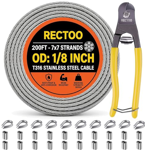RECTOO 200FT 1/8 T316 Stainless Steel Cable with Cutter, 7x7 Strands Aircraft Wire Rope for Deck Railing, Stair Handrail, Porch Fence, High Strength for Indoor and Outdoor Use