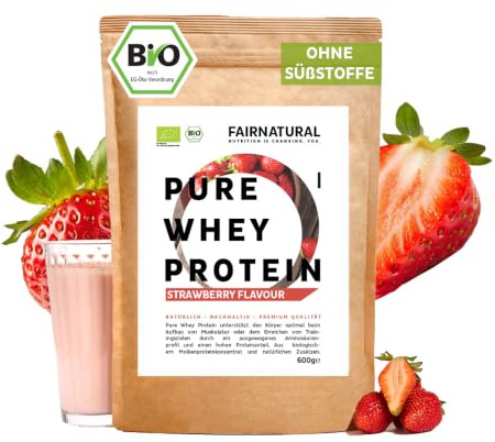 BIO WHEY Protein-Pulver Erdbeere ohne Chemie [Regional aus Deutschland] - Hochwertige Eiweiß-Shakes »100% NATÜRLICH« 600g Bio Eiweiß-Pulver aus Premium Molkenprotein-Pulver ohne Soja