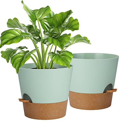 Blomkruka, 25,4 cm växtkruka 2-pack, plastblomkruka med bevattningssystem, modern för inomhus- och balkong trädgård växter suckulent kaktus (grön)