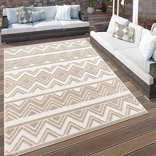 Paco Home Outdoor Teppich Wetterfest Wohnzimmer Boho Balkon Küchenteppich Schlafzimmer Skandinavisch 3D Effekt Beige Creme, Grösse:160x230 cm