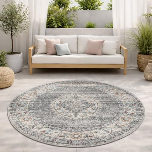 the carpet Palma - Outdoor Teppich wetterfest – Balkon Teppich, Terrasse & Garten – UV-beständig, pflegeleicht, Indoor Outdoor Teppich, Grau-Orient, 120 cm Rund