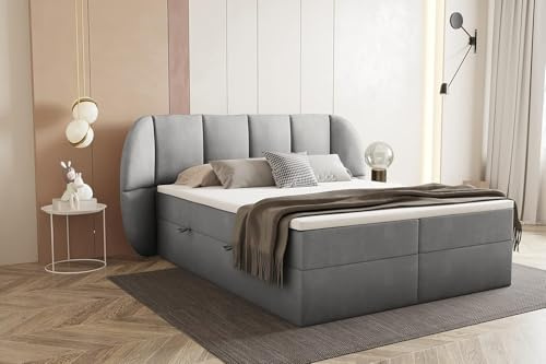 TRADA Boxspringbett 140x200 cm, Bilbao, Grau | Elegant Boxsprinbett mit dekoratives Kopfteil, mit Bettkasten und Taschenmatratze