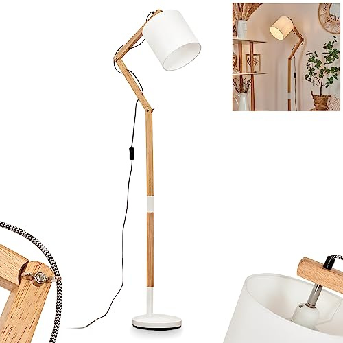 Stehleuchte Tukchor, moderne Stehlampe aus Metall/Stoff/Holz in Weiß/Naturfarben, Standlampe mit verstellbarem Schirm (Ø 21 cm) und Fußschalter am Kabel, Höhe max. 180 cm, 1 x E27, ohne Leuchtmittel