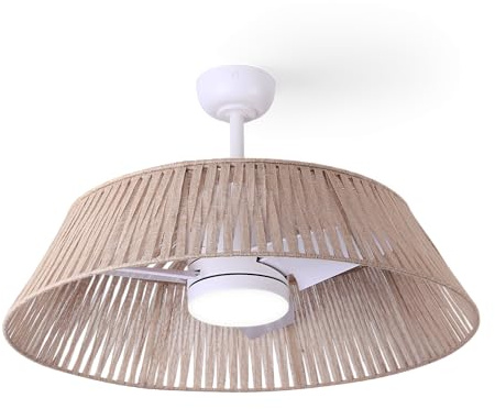 Sulion - Ventilador de Techo GEMA Pantalla de Yute | Motor DC Silencioso | Luz LED CCT Regulable 18W | Función Verano-Invierno, Naturwind y Temporizador | Interior y Exterior IP44