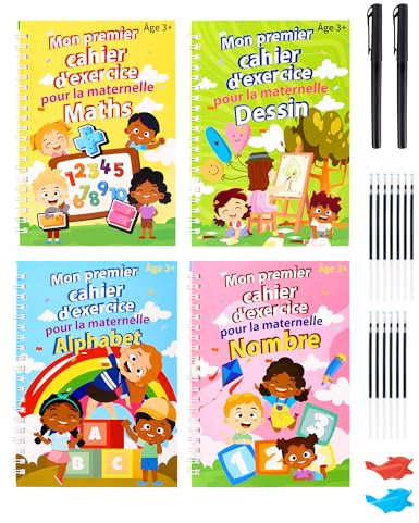 SOSALUK 4 quaderni magici scritture francesi scrittura calligrafia riutilizzabile per bambini libro magico per imparare a scrivere con 2 penne magiche +13 ricariche + 2 correttori di presa