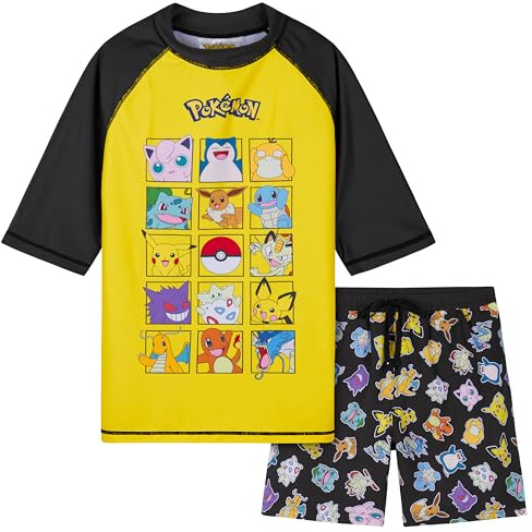 Pokémon Costume Piscina Bambino, 2 Pezzi Maglietta e Pantaloncino Costume Nuoto (Giallo/Nero, 5-6 Anni)