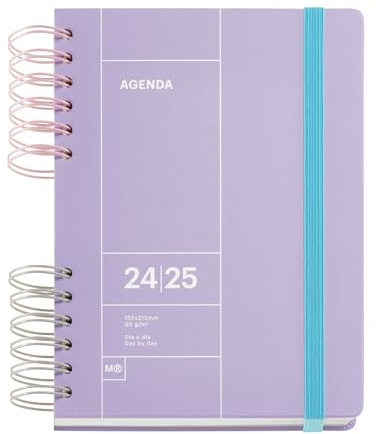 Miquelrius - Skolkalender 24–25, september 2024–augusti 2025, storlek 164 x 218 mm, dag sida, dubbel metallspiral, hårt fodral, gummistängning, spanska, engelska och portugisiska, lavendel